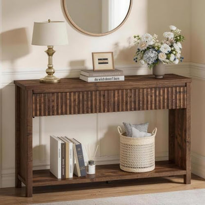 BON AUGURE Console Tables for Entryway, Console Table with Drawers, 47In Sofa Table with Storage, Narrow Entryway Tables with 2-Tier Shelf, Farmhouse Fluted Couch Tables for Living Room, Rustic Oak - color: Rustic Oak