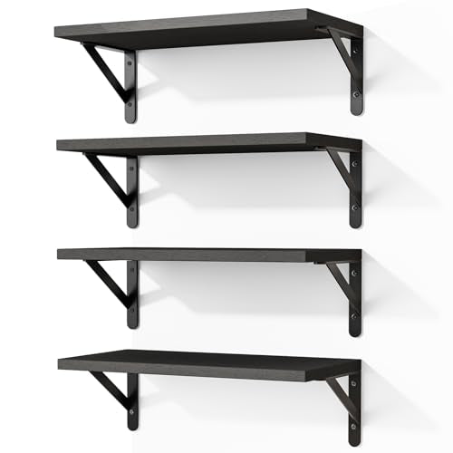 Fixwal Floating Shelves for Wall, Wood Wall Mounted Shelves for Bedroom, Bathroom, Living Room, Kitchen Storage and Decor(Black, Set of 4, 16.5 Inch) - color: Black
