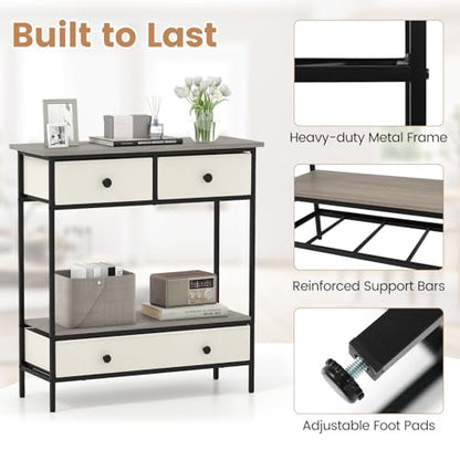 Giantex Console Table with 3 Fabric Drawers, 32" Farmhouse Entryway Table with Storage & Open Shelf, Rustic Narrow Sofa Table with Metal Frame for Living Room, Hallway, Entrance, Foyer