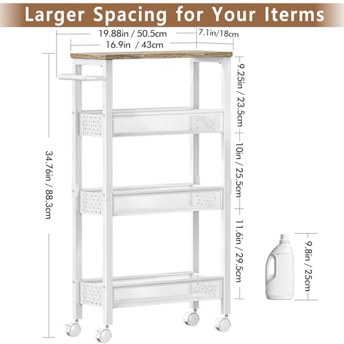 Utility Slim Rolling Storage Cart, 4-Tier Narrow Metal Organizer with Wood Top, 7.1" Width Utility Cart for Kitchen, Bathroom, Laundry Room, Small Spaces, White