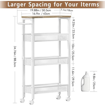 Utility Slim Rolling Storage Cart, 4-Tier Narrow Metal Organizer with Wood Top, 7.1" Width Utility Cart for Kitchen, Bathroom, Laundry Room, Small Spaces, White