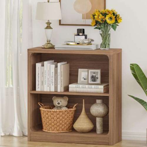 FATORRI Wooden Bookshelf, 2-Tier Compact Open Bookcase with Rounded Corners, Small Floor Standing Display Book Shelf for Living Room, Bedroom, Home Office (Walnut) - color: Walnut, size: Without Drawer