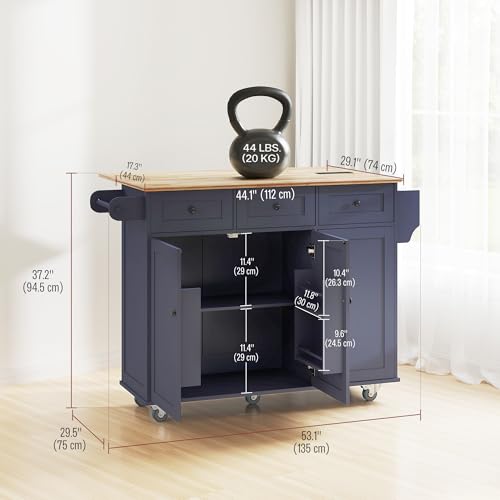 HOMCOM Rolling Kitchen Island with Power Outlet and Drop Leaf, 53" Island Table with Wood Top, 3 Drawers, Adjustable Shelf, Spice & Towel Rack, Kitchen Cart on Wheels, Dark Blue