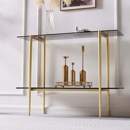 LumFurn Glass Console Table for Living Room, Foyer & Entrance, 2-Tiers Mid-Century Modern Sofa Table with Grey Glass Top, Black Marble Finish Wood Shelf and Gold Finish Frame - color: Grey & Black Marble, size: L41" Sofa Table