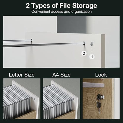 2 Drawer Wood File Cabinet for Home Office Storage, White Wanult | Filing Cabinet for A4 / Letter Documents, 31.5"W * 19.5"D * 29.5"H, Credenza w/ Built-in Power Outlet, Printer Stand - color: Light Walnut