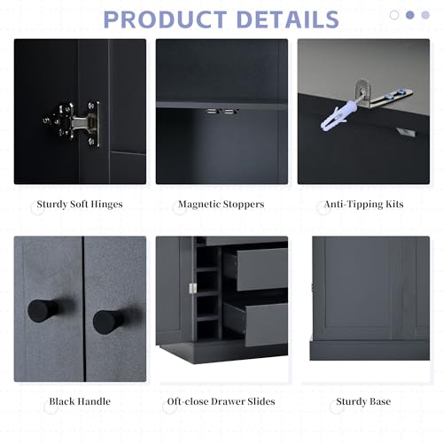 Merax 77'' Tall Freestanding Kitchen Pantry, 35''Lx17.7''W Modern Shaker Style Cupboard Storage Cabinet with Adjustable Shelves,Door Shelves, Drawers and Wine Racks,Grey - color: Grey