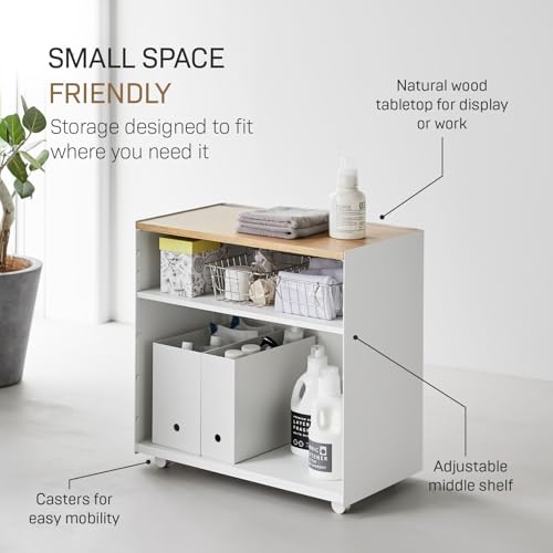 Yamazaki Home Tower Mobile Hideaway Storage Cart – Rolling Printer Stand with Adjustable Shelves, Hidden Storage, Rolling Cart with Wheels, Mobile Office Organizer, Utility Cart, 23" - Steel + Wood - - color: White