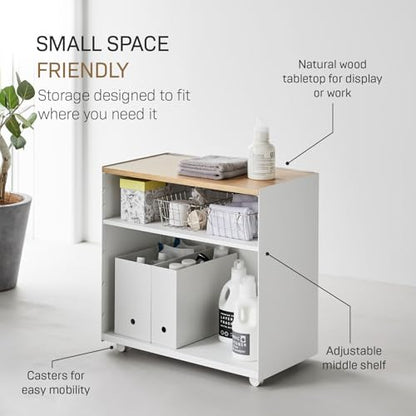 Yamazaki Home Tower Mobile Hideaway Storage Cart – Rolling Printer Stand with Adjustable Shelves, Hidden Storage, Rolling Cart with Wheels, Mobile Office Organizer, Utility Cart, 23" - Steel + Wood - - color: White