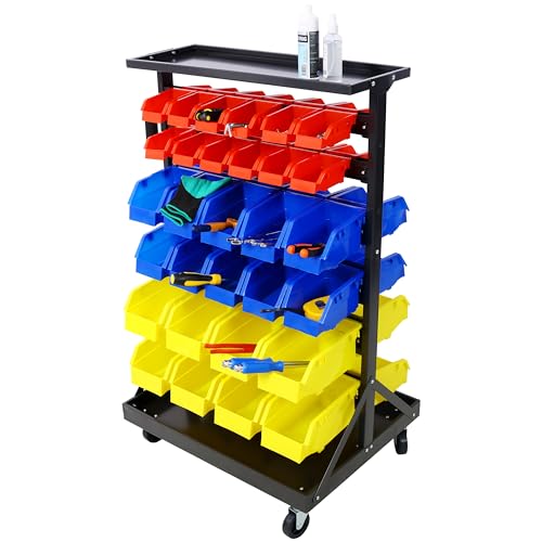 6-Tier Dual-Sided Rolling Bin Rack, Heavy Duty Steel Organizer Shelf with Locking Casters & 60 Bins, 350 lbs Capacity for Garage, Workshop & Hardware Tools (6-Tiers) - size: 6-Tiers