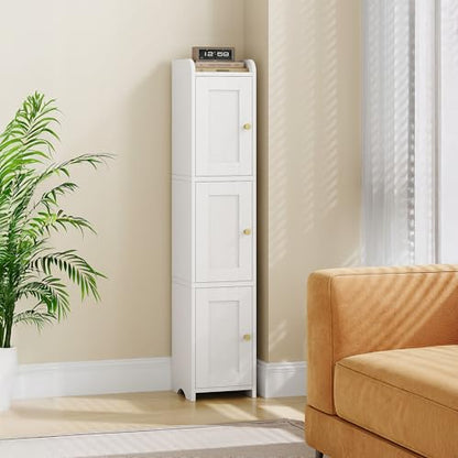 HEXCELEN Slim Bathroom Storage Cabinet, Narrow Cabinet with 3 Doors，Small Bathroom Organizers and Storage, Laundry Room Organization for Small Space, Kitchen, Living Room, White