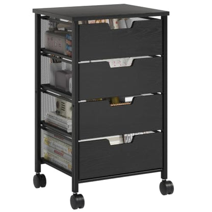 Rolling Cart with Drawers, Wooden Top and Front, with Wheels Metal Under Desk Storage Cart with 4 Drawers, for Office, Bedroom, Classroom, Home, Black - color: Black