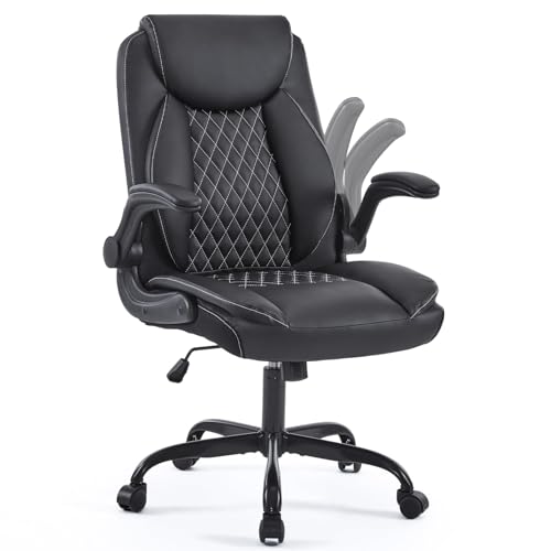 YFO Leather Office Ergonomic Home Office Desk Chair, Back Support Swivel Executive Office Chair with Wheels and Flip-Up Armrests, Small Gaming Chair with Adjustable Rocking Function, Black - color: Black