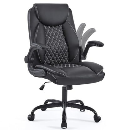 YFO Leather Office Ergonomic Home Office Desk Chair, Back Support Swivel Executive Office Chair with Wheels and Flip-Up Armrests, Small Gaming Chair with Adjustable Rocking Function, Black - color: Black