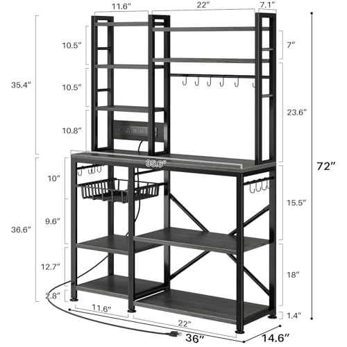 SNTD 6-Tier Bakers Rack with Power Outlets, 36 x 14.6 x 72 in, Rustic Grey | Large Capacity for Small Appliances, Stable Metal Frame with Wood Shelves, Pull-Out Basket, 14 Hooks - color: Rustic Grey