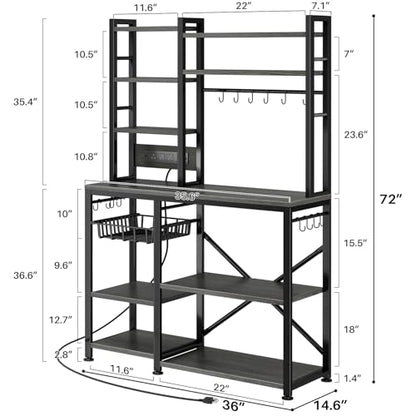 SNTD 6-Tier Bakers Rack with Power Outlets, 36 x 14.6 x 72 in, Rustic Grey | Large Capacity for Small Appliances, Stable Metal Frame with Wood Shelves, Pull-Out Basket, 14 Hooks - color: Rustic Grey