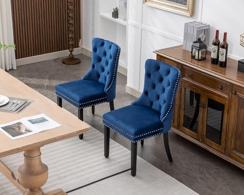 KCC Velvet Dining Chairs Set of 2, Upholstered High-end Tufted Dining Room Chair with Nailhead Back Ring Pull Trim Solid Wood Legs, Nikki Collection Modern Style for Kitchen, Blue - color: Blue, size: Set of 2