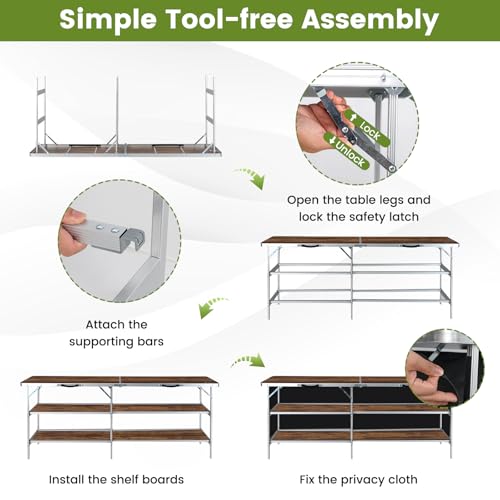COSTWAY 81" Folding Picnic Table, Portable Bar Table with Carry Bag | Lightweight Aluminum Food Prep Station with 2 Shelves, Quick Set-up, BBQ, Party, Backyard, Brown - color: Brown, size: 81"W x 32.5"H