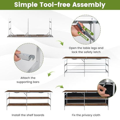 COSTWAY 81" Folding Picnic Table, Portable Bar Table with Carry Bag | Lightweight Aluminum Food Prep Station with 2 Shelves, Quick Set-up, BBQ, Party, Backyard, Brown - color: Brown, size: 81"W x 32.5"H