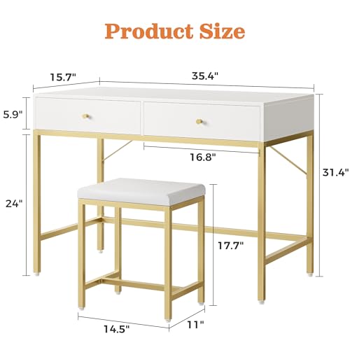 SUPERJARE 35.4" White and Gold Desk with 2 Drawers, Modern Makeup Vanity | Vanity with Padded Stool, Small Computer Desk Home Office Desk for Writing Study Bedroom - color: Gold and White, size: 35.4 inch