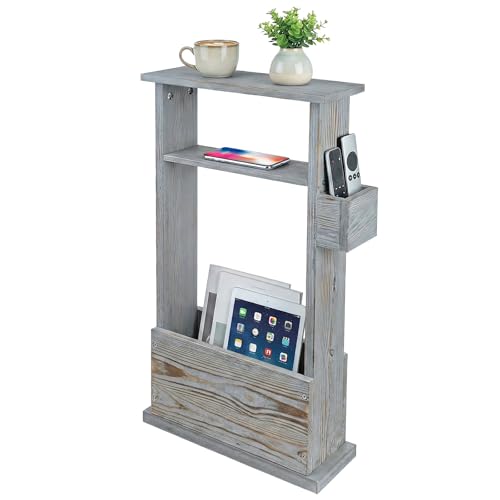MyGift Narrow Side Table, Slim End Sofa Table in Vintage Gray Wood with Storage Shelf, Magazine and Remote Holder - color: Vintage Gray