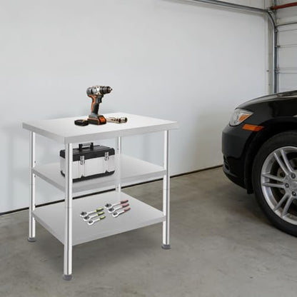 24x30x35in 3-Tier Stainless Steel Work Table with Casters & Foot Pads, Adjustable Shelves, 540 lbs Load Capacity, Heavy Duty Rolling Utility Cart for Garage, Kitchen, Hospital, Office, Commercial Use - size: 24 X 30 X 35 Inches