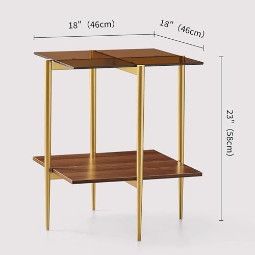 LumFurn Glass End Table, Mid-Century Modern Design Sofa Table, L41 x W21 x H17, for Living Room, 2-Tier Structure, Clear Glass Top and Walnut MDF Shelf, Sleek Conical Metal Legs with Gold Finish Frame - color: Amber & Walnut, size: L41" End Table