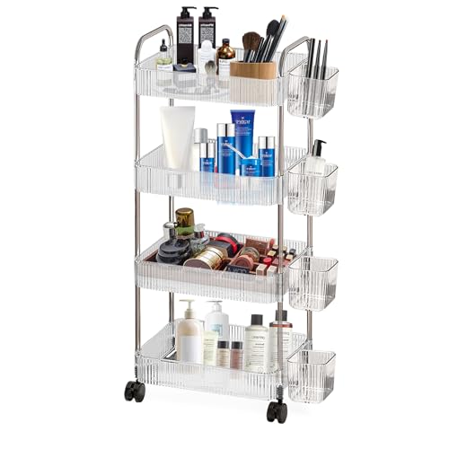 4 Tier Rolling Cart with Hanging Basket, Acrylic Storage Carts with Lockable Wheels, Utility Carts Storage Organizer Serving Cart for Office, Living Room, Kitchen, Bathroom - style: 4-Tier