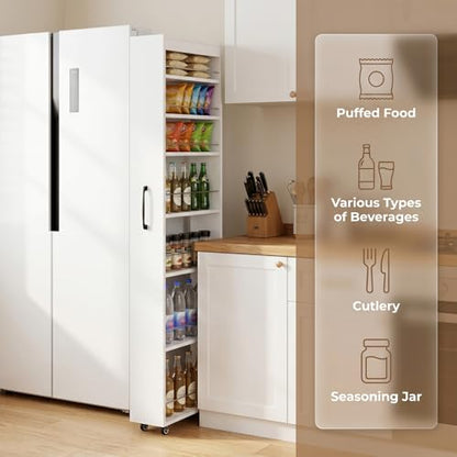 7-Tier Slim Mobile Shelving Cart with Wheels, Rolling Pantry with 7 Racks, Narrow Pull-Out Utility Cart, Space Saving Storage Organizer Carts for Kitchen Living Room Bathroom Narrow Spaces, White - size: White & 7.87"D x 17.72"W x 70.87"H
