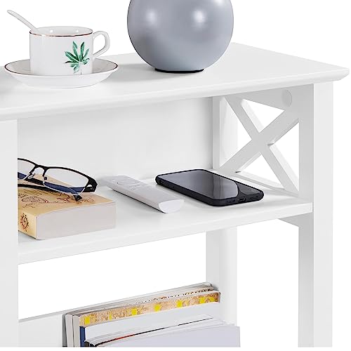 Yaheetech Small Side Table with Storage Shelf, 3-Tier Slim X Shaped End Table with Magazine Rack, Living Room Home Office Balcony Small Spaces, Effortless Assembly, White