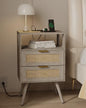JOONEE Rattan Nightstand with Charging Station,Farmhouse Bedside Table with 2 Storage Drawer and Open Wood Shelf, for Bedroom and Small Spaces,Night Stand with Solid Wood Legs (Grey Oak-Outlet) - color: Grey Oak-outlet