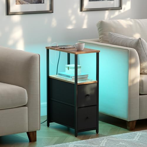 TUTOTAK Small Narrow LED End Table with Charging Station, Side Table Outlets, Nightstand with 2 Cloth Drawers, Set of 2, Couch Table, for Living Room, Bedroom, Bedside, Brown and Black TB01BB056K - color: Brown and Black, style: 2 Drawers with Plug & Ligh
