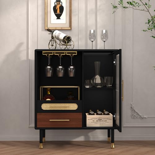 ARTPOWER Modern Coffee Bar Cabinet with Pull-Out Wine Storage, Black | Bar Cart with Wine Glass Rack and Drawers, Liquor Cabinet for Kitchen, Dining Room, Living Room - color: Black