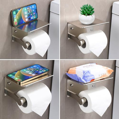 Homely Trove Toilet Paper Holder with Shelf - Self Adhesive Tissue Towel Dispenser or Wall Mounted Toilet Paper Roll Holder - Rustproof Bathroom Phone Holder Tissue Holder Brushed Nickel - color: Silver