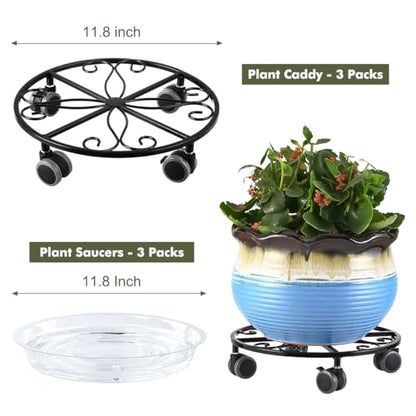 3 Pack Plant Caddy with Wheels Heavy Duty 11.8 Inches Metal Plant Stand with Wheels Plant Dolly Rolling Plant Stand Plant Roller with Casters for Indoor and Outdoor (3, Black) - color: Black