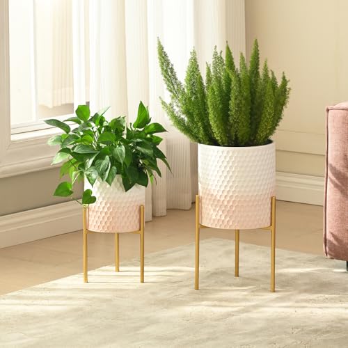 Modern Planter Pots, Set of 2 White Pink Planters with Stand, Decorative Planters, Metal Pots with Drainage Holes for Living Room, Office, Garden - color: White & Pink
