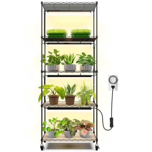 Barrina CX91 Plant Stand with Grow Light, 5-Tier, 100W, 23.6x13.8x59IN | 4PCS Full Spectrum 1.6FT Plant Light, Adjustable Metal Plant Shelf Display Rack, Timer, Wheel, for Indoor Balcony Living Room - color: Yellow-CX91, size: 23.6x13.8x59IN