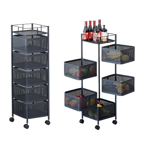 5 Tier Rotating Kitchen Storage Rack, Metal Mesh Rolling Cart Organizer with Top Lid, Organizador De Frutas y Verduras for Fruit Vegetable Grocery, Potato Storage, No Assembly - color: Black