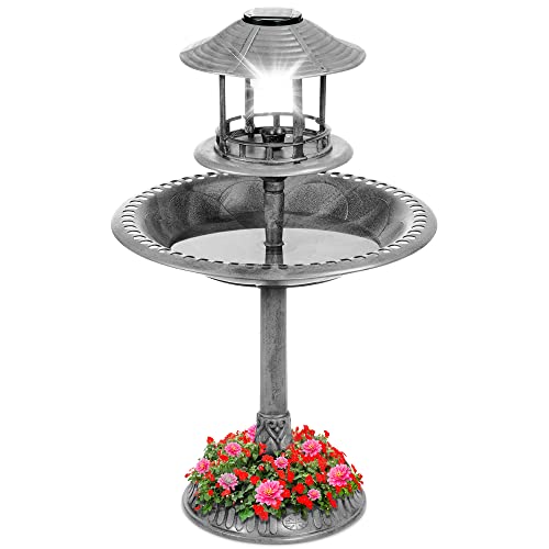 Best Choice Products Solar Outdoor Bird Bath Vintage Resin Pedestal Fountain Decoration for Yard, Garden w/Planter Base, Feeder, Decorative Bird Cage, Fillable Stand - Stone - color: Stone