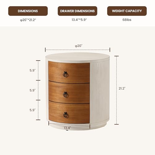 COSIEST 3 Drawer Chest of Drawers, 20 inch MDF Round Storage Cabinet, Retro Whitewash Finish Nightstand, Wood Bedside Table with Drawers for Bedroom Living Room - color: Wood Color-round