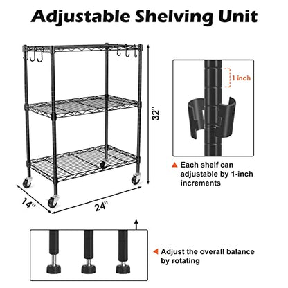 3-Tier Storage Shelves, Heavy Duty Metal Shelves Wire Rack Shelving Unit, Adjustable Shelf with Wheels for Home Office Garage Kitchen Bathroom, 24" D x 14" W x 32" H - size: 3tier 24"D x 14"W x 32"H