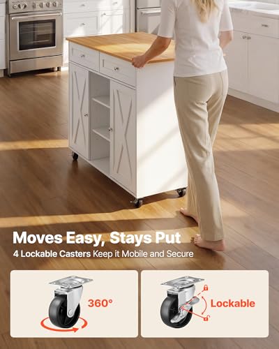 VEVOR Kitchen Island Cart with Storage, 45.67 in Wide Mobile Rolling Storage Island on Swivel Wheels, with 2 Drawers, Storage Cabinet, Drop Leaf, Towel Rack, Table for Home Dining Room, White - size: 45.67"W (dropleaf)
