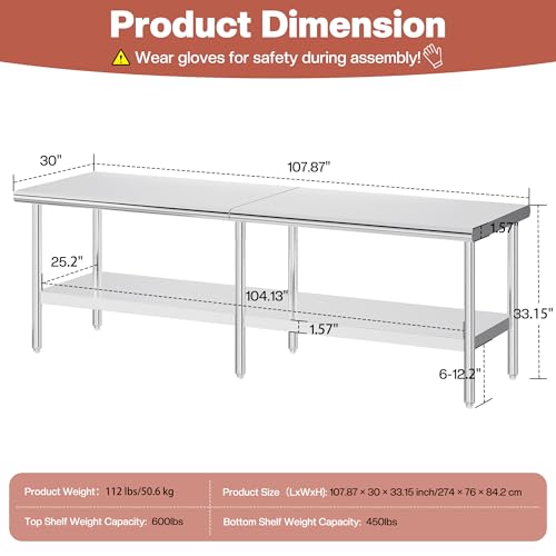 Jocisland 30" x 108" Stainless Steel Table for Prep & Work, Food-Grade Stainless Steel Adjustable Under Shelf and Feet, for Commercial Kitchen, Restaurant, Hotel, Garage - size: 30x108 in, style: Rounded Table Corner