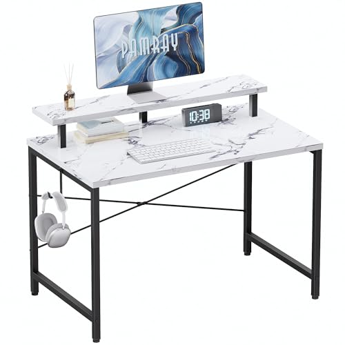 Pamray 32 Inch Small Computer Desk with Monitor Stand, Simple Office Desk with Headphone Hook for Small Spaces, Kids Study Writing Table for Bedroom, Marble - color: Marble, size: 32 Inch