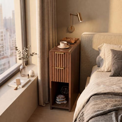 Fluted Slim Side Table with 2 Drawers and Bottom Open Shelf, Skinny End Table with Gold Handles, Walnut Narrow Accent Table for Living Room Bedroom - size: 1 Pack