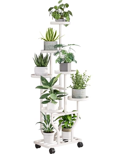 Plant Stand with Wheels, White 6 Tier Metal Plant Shelf for Indoor Outdoor | Corner Plants Stand Indoor for Bedroom Living Room, Outdoor Plant Stand for Garden Balcony Yard, Holds 6-8 Pots of Plants - color: White, size: 6 Tier