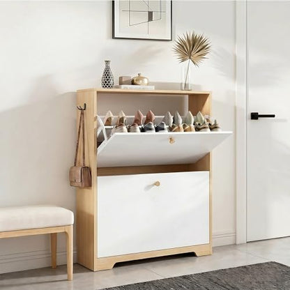 Nicetree Shoe Cabinet with 2 Flip Drawers, Narrow Shoe Organizer Cabinet, Freestanding Shoe Rack Cabinet, Modern Shoe Storage Cabinet for Entryway, Hallway, Foyer, Natural Oak and White with Hook - color: Natural Oak and White, style: 2-Drawers with Hook