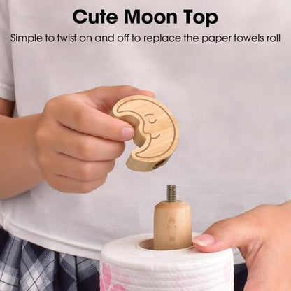 KitchLife Cute Wooden Paper Towel Holder Countertop - Solid Freestanding Paper Towel Dispenser Stand Organizer with Anti-Skid Base (Moon) - style: Moon