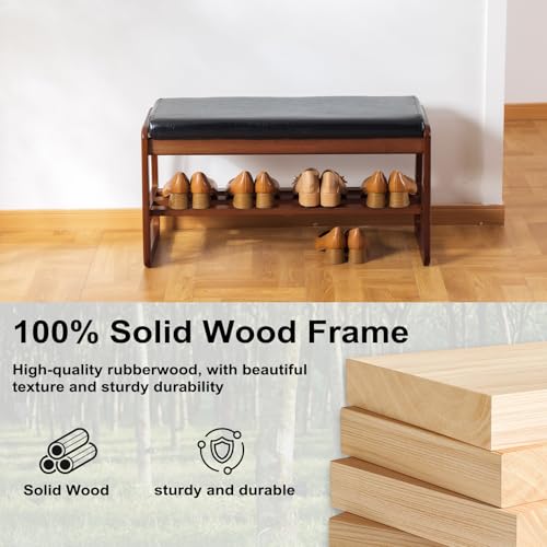 SOBIBO Solid Wood Shoe Bench, 2-Tier Wooden Entryway Bench, Modern Shoe Rack with Cushion for Hallway, Living Room (Black, 31.5'') - color: Black, size: 31.5 inches