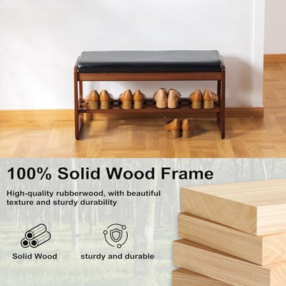 SOBIBO Solid Wood Shoe Bench, 2-Tier Wooden Entryway Bench, Modern Shoe Rack with Cushion for Hallway, Living Room (Black, 31.5'') - color: Black, size: 31.5 inches