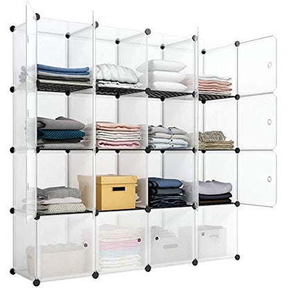 Aeitc Cube Storage Organizer Storage Cubes Add Wire Panel DIY Stackable Cubes Plastic Organizing Modular Cabinet Bookcase Cubby Closet Shelf for Bedroom, Living Room,16 White Cube with Door